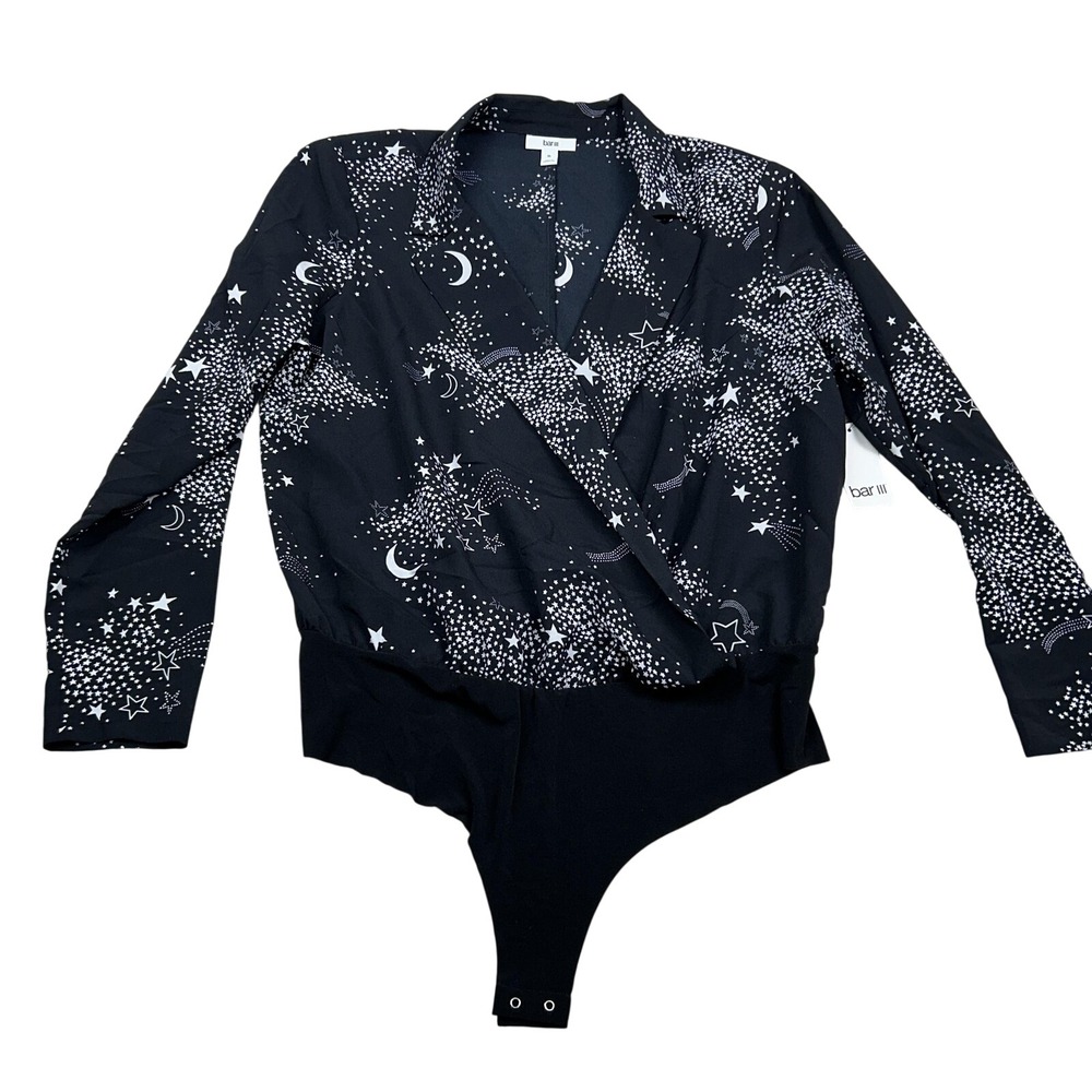 Bar III Celestial Bodysuit XL Black Moon Star Wrap Top Whimsigoth Witchy NWT